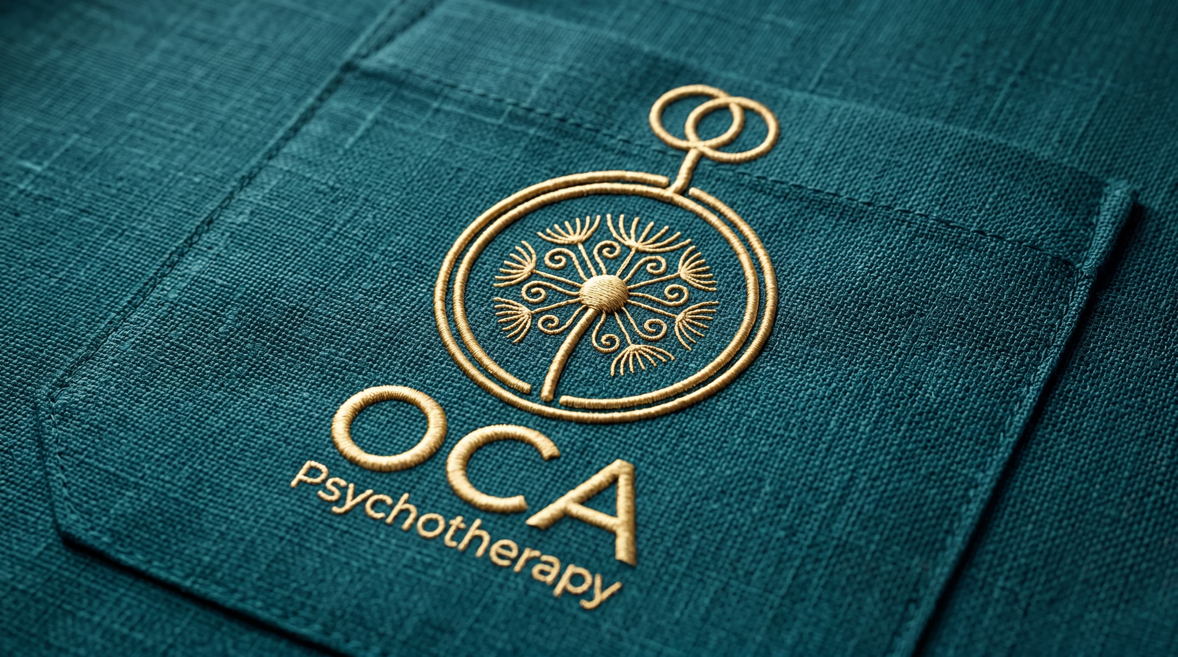 Logo OCA bordada em tecido turquesa